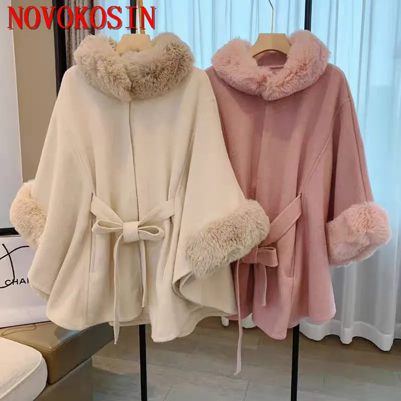 8 Colors Winter Streetwear Women Fake Woolen Big Pendulum Long Poncho Cloak Faux Rabbit Collar Fur Loose Oversize Coat With Belt hot sale sunmile fake fishing lure sea fishing lure bait with hook eel bionic bait 5cm 0 6g t tail soft insect simulation bait 1