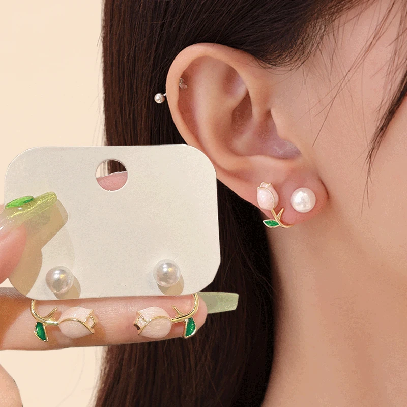 SUPERFINDINGS 3 Paia Orecchini A Tulipano – Floreali Con Perle E Petali – Orecchini A Cerchio Per Donna