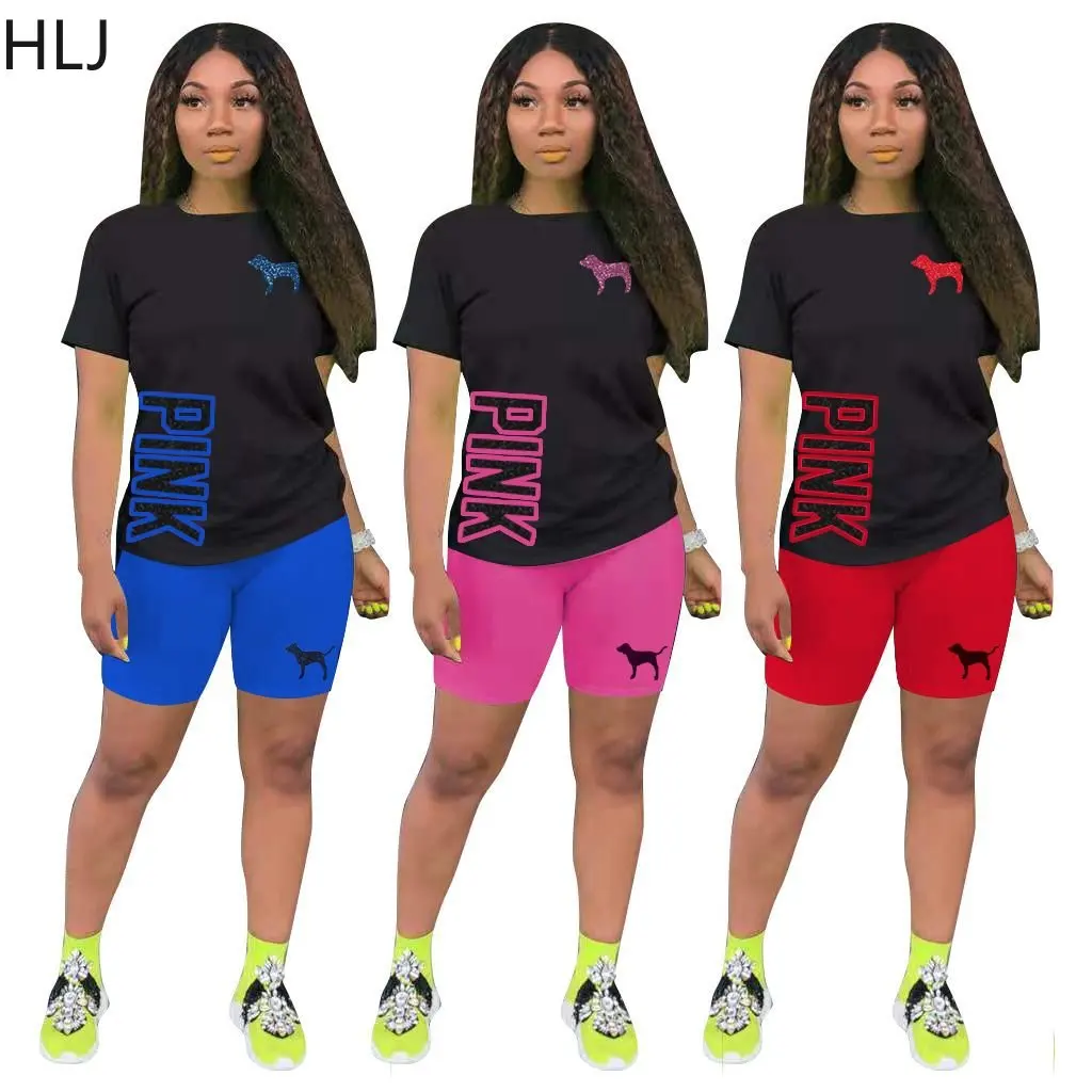 

HLJ Summer PINK Letter Print Shorts Two Piece Sets Women Round Neck Top And Shorts Tracksuits Casual Sporty 2pcs Outfits 2023