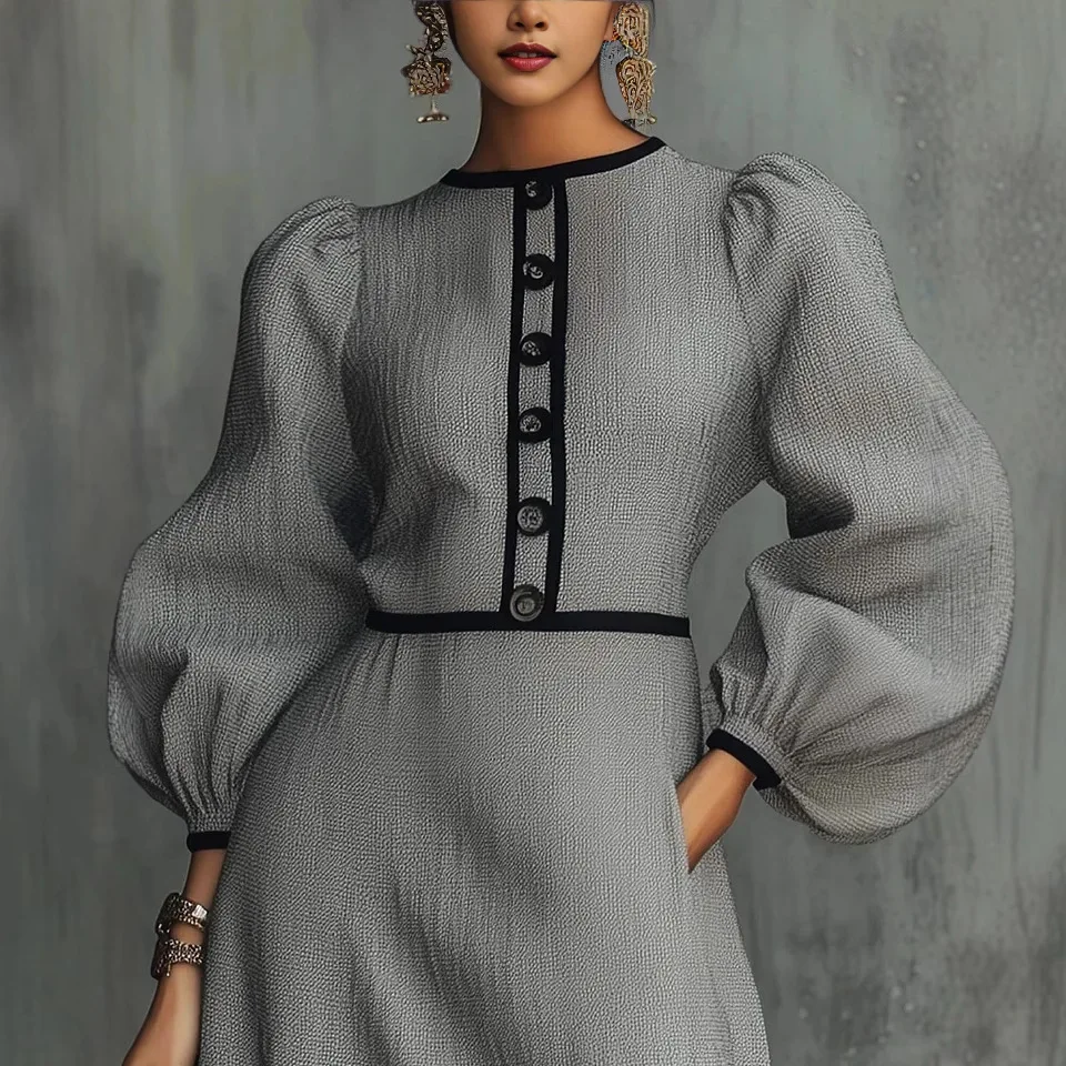 Slim Mini Dress Women's Elegant Lantern Sleeve Round Neck Button-Down Dress 2026 Spring Fall Office Commuting A-Line Dress
