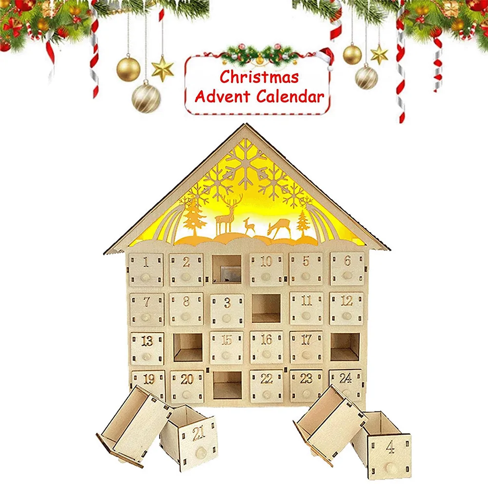 Christmas Wooden Advent Calendar With Led Lights For Christmas Gift  (25.3x29.5x6cm/9.96x11.6x2.36inch) - AliExpress
