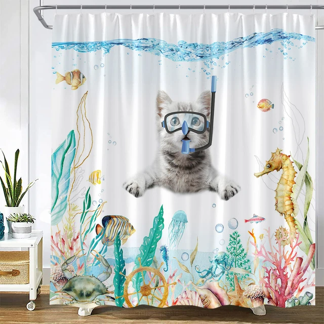 Divertida cortina de ducha para gato dinosaurio de gato fresco