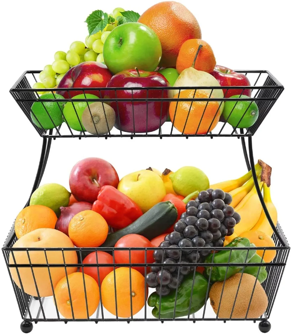 

Fruit Bread Basket, 2 Tier Countertop Rack, for Vegetable, Snacks, Household Items, Kitchen Storage Organizer, (Black)