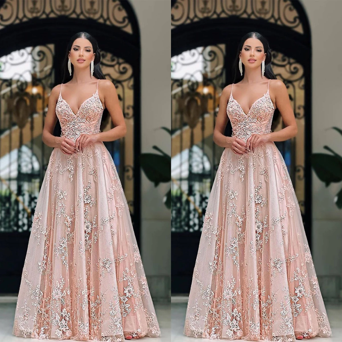 

Custom Size Lace Applique A Line Evening Dresses Pink Sweetheart Spaghetti Strap Sweep Train Prom Dresses