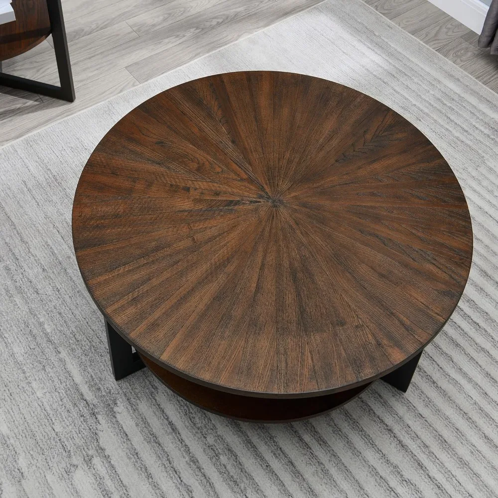 Round Coffee Table with Storage Shelf, Farmhouse Living Room Cocktail Black Metal Legs, Circular Solid Wood Center Tea Table 2