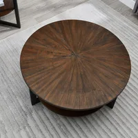 Round Coffee Table with Storage Shelf, Farmhouse Living Room Cocktail Black Metal Legs, Circular Solid Wood Center Tea Table 2