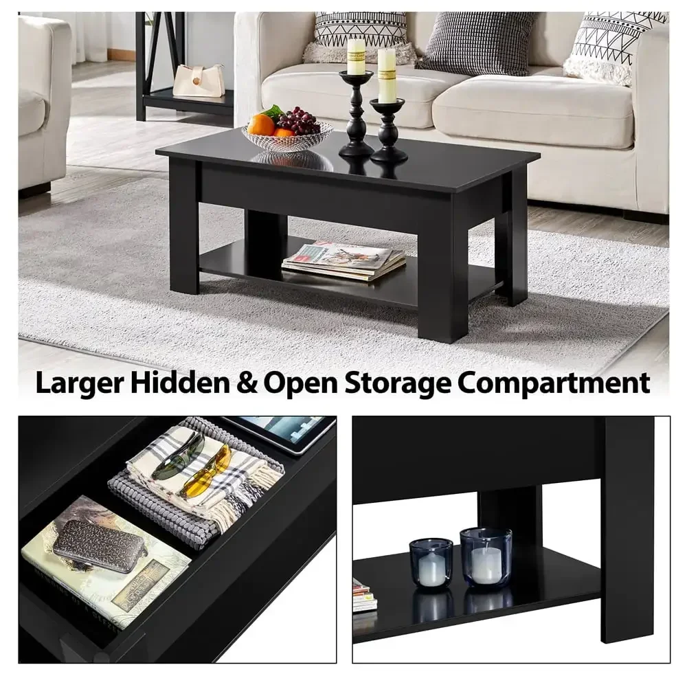 Modern 39in Lift Top Coffee Table with Hidden Compartment & Storage for Livingroom, Black 6