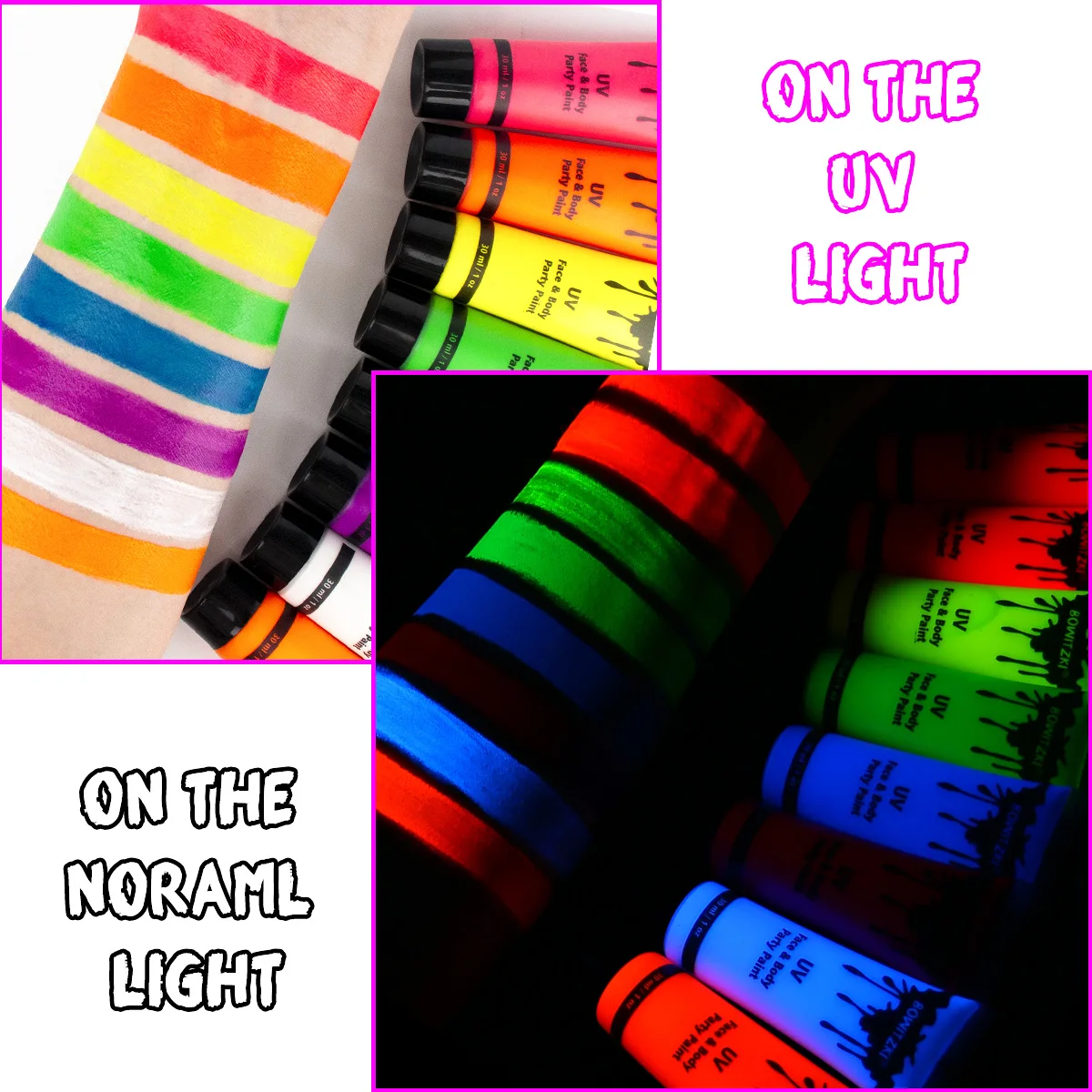 Bowitzki UV Body Paint 8 x 30ml Neon Face Paint Set 1 oz Black Light Glow Makeup Kit Fluorescent Face Paints for Music Festivals 5