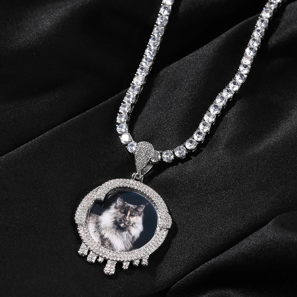 TBTK Custom Round Water Drip Photo Pendant Memory Picture Medallion Iced Out Cubic Zirconia Hiphop Jewelry For Gift