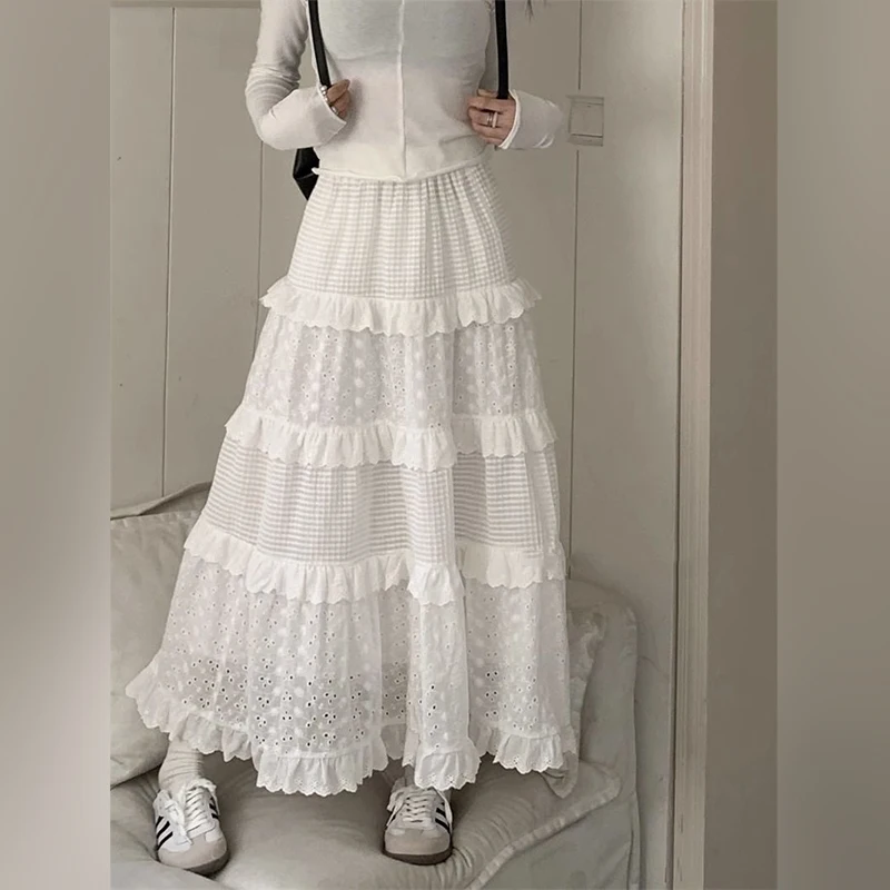 

White Hollowed Out Hook Flower White Half Skirt for Women's 2024 High Waisted A-Line Cake Skirt Spring Summer Long Skirt ﻿