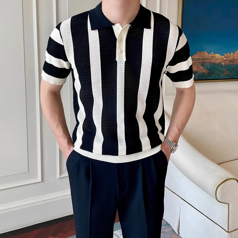 Contrast Color Striped Mens Polo Shirts Trendy Button Turn-down Collar Knit Tops Men Spring Summer Daily Casual Breathable Polos 25 Sf652b08b67ce405fbdd22641bbd89700I