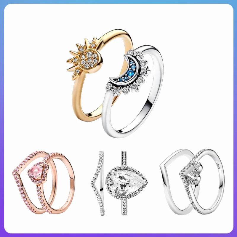 

925 Sterling Silver Rings For Women Sparkling Pink CZ Heart Wishbone Celestial Sun Moon Rings Wedding Jewelry Fashion Ring Set