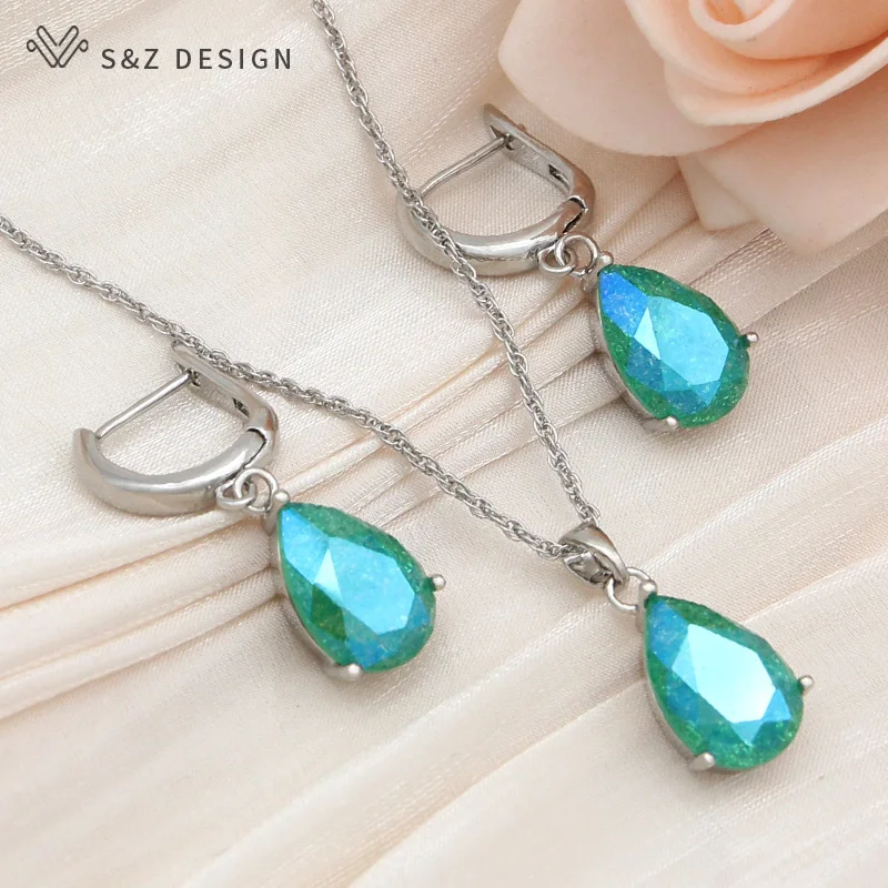 S&Z DESIGN New Fashion Water Drop Crystal 585 Rose Gold Color Dangle Earrings Jewelry Sets For Women Trendy Pendant Necklace
