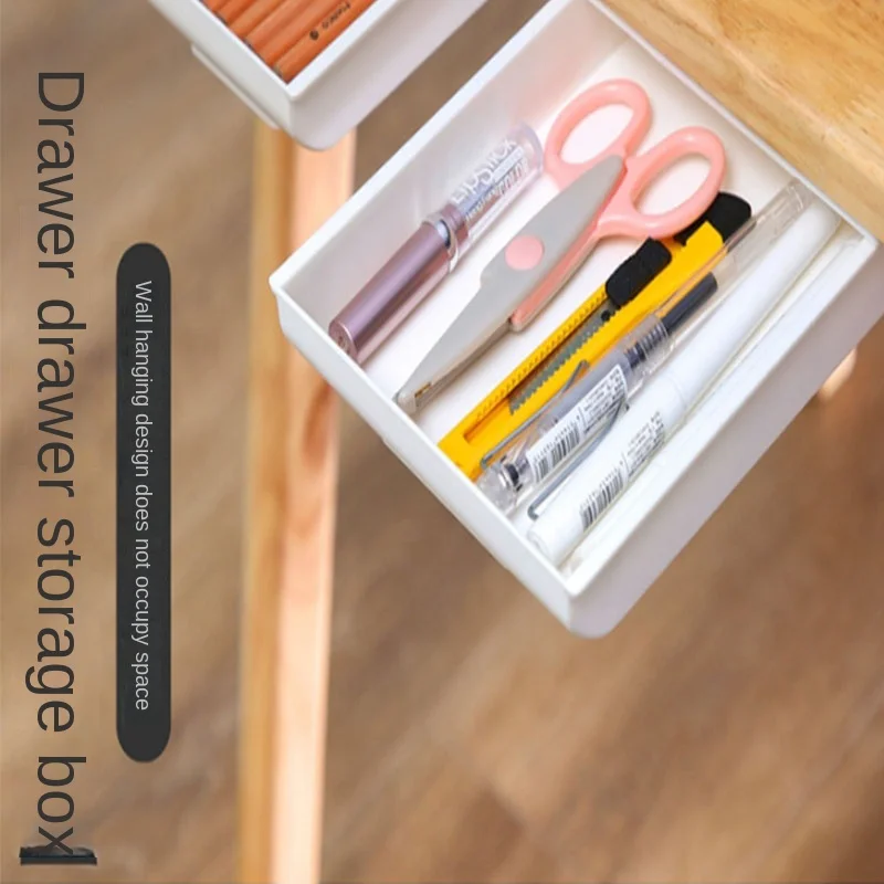 1pc White Self-Adhesive Storage Drawer Box Makeup Pencil Tray Desk Hidden Under Desk Stand Self-adhesive Under-drawer Storage Box self adhesive storage box