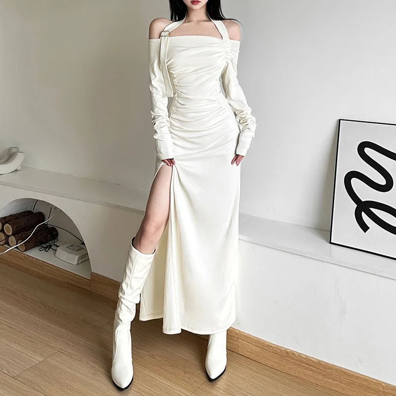 Nibber Autumn Evening Party Intellectual Elegant Dignified Mature Halter Sexy Feminine Pure Color Simple Women  Long Neck Dress