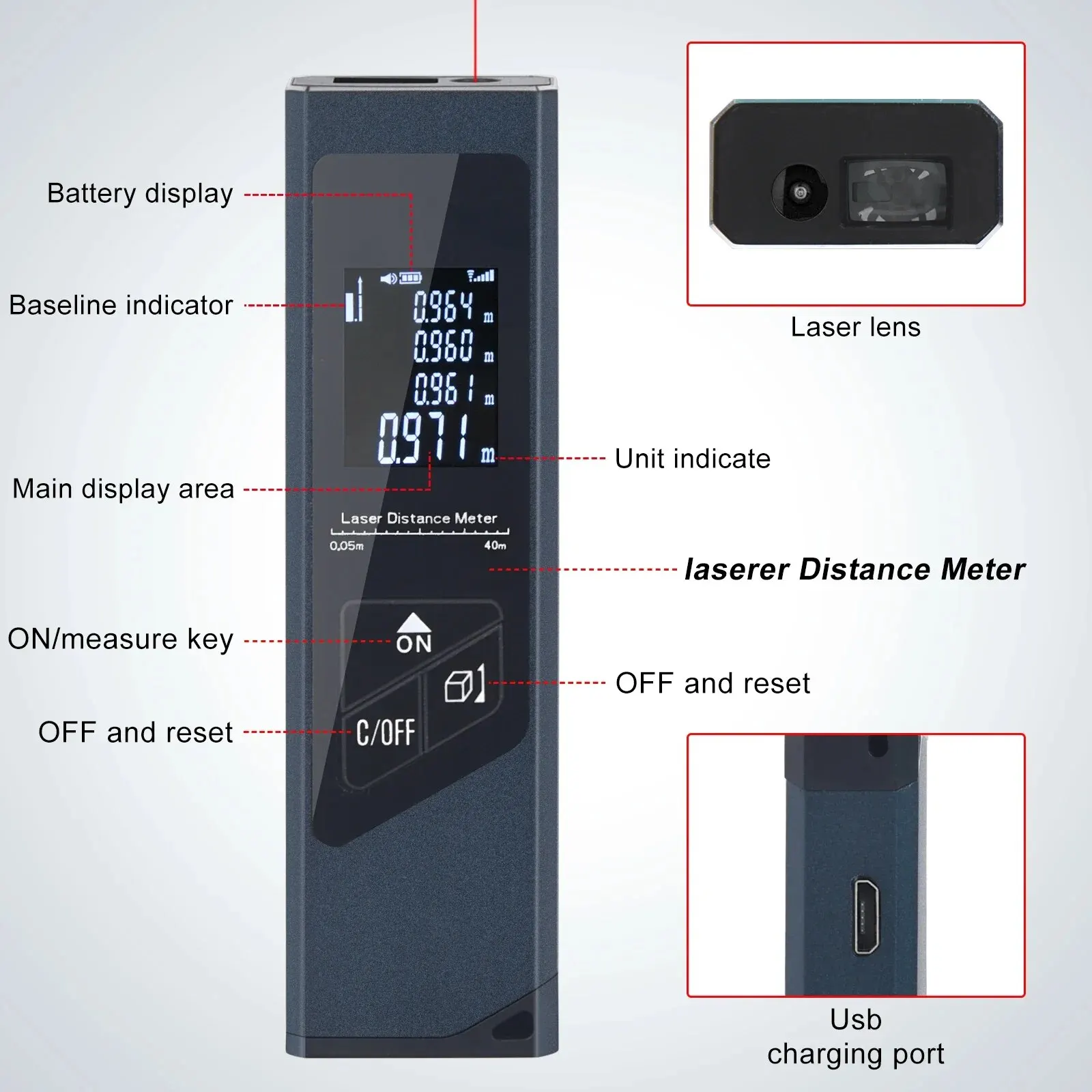 Mini Laser Rangefinder Digital Tape Measure Laser Ruler USB Charge Aluminum Alloy Fuselage 40M Measuring Distance