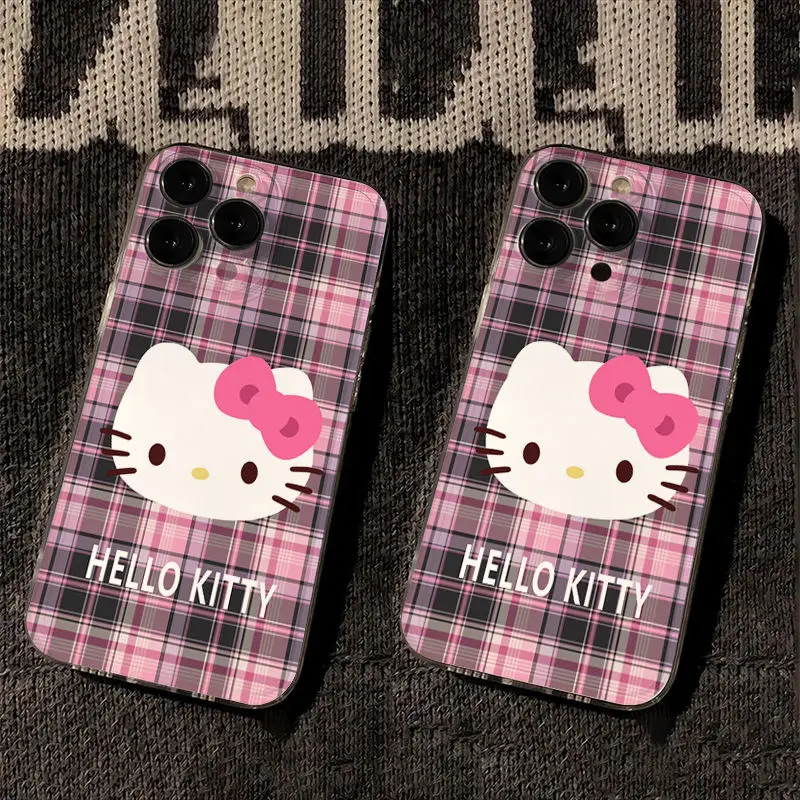 

Sanrio Anime Kawaii Hello Kitty Pink Plaid Pattern Phone Case IPhone 15 14 13 12 Pro Max Mini Cute Cartoon Soft Back Cover Gifts