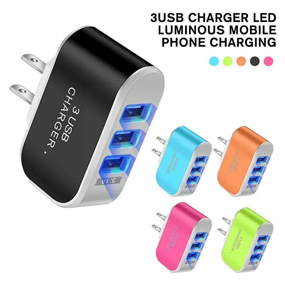 

3 Usb Ports Chargers Candy Colors US LED Luminous Mobile Charger Fireproof Charging Intelligent Phone Head Durable Travel Z8X1