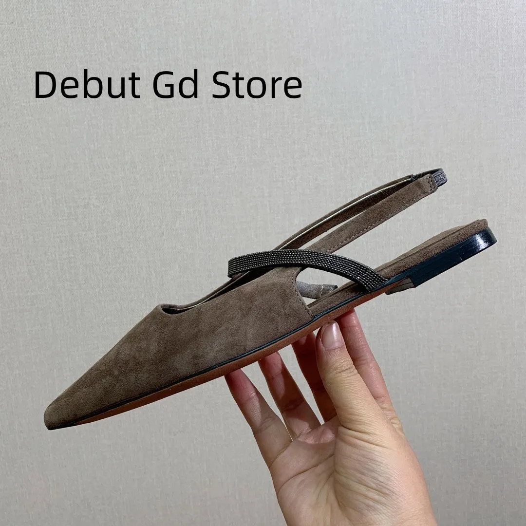 2024 New Summer Flat Shoes Women Pointed Toe Slingbacks Suede Leather String Bead Walk Shoes Woman Runway Sandals For Women