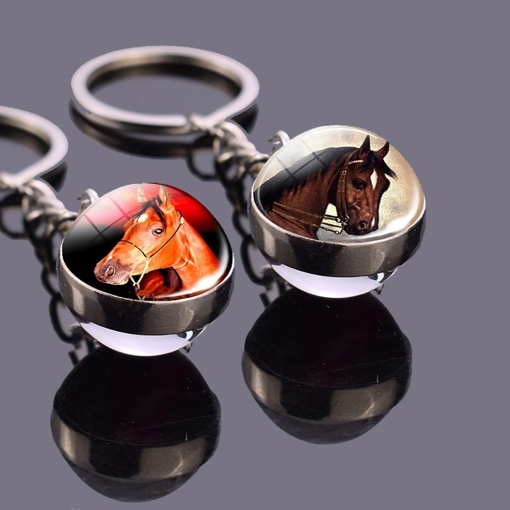 Horse Key Chains White Brown Black Horse Animals  Double Side Glass Ball Gallop Pendant Keyring Galloping Keychain Charms