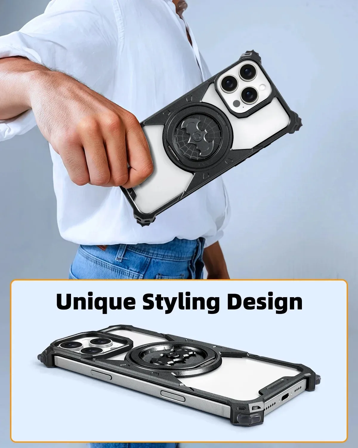 Eary for iPhone 16 Pro Max Bat Frameless Phone Case With Magnetic 360° Rotatable Kickstand Metal Shockproof Bumper Slim Covers