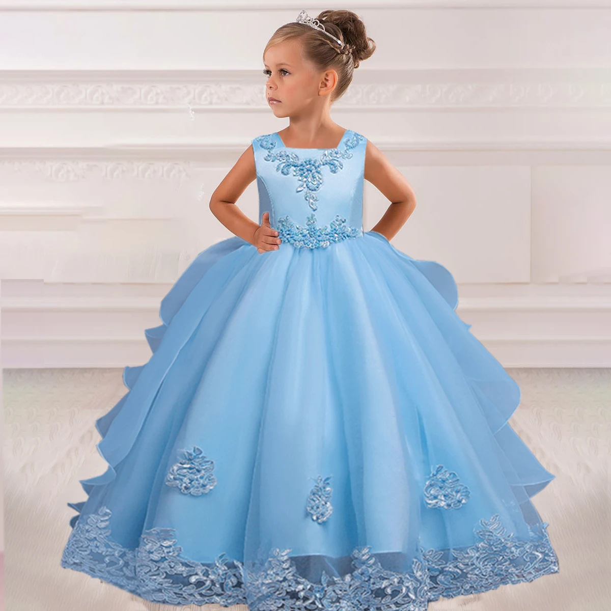 

3 12 Yrs Flower Applique Bridesmaid Girls Dress Children White Wedding Prom Gown Birthday Party Princess Summer Dresses Vestidos