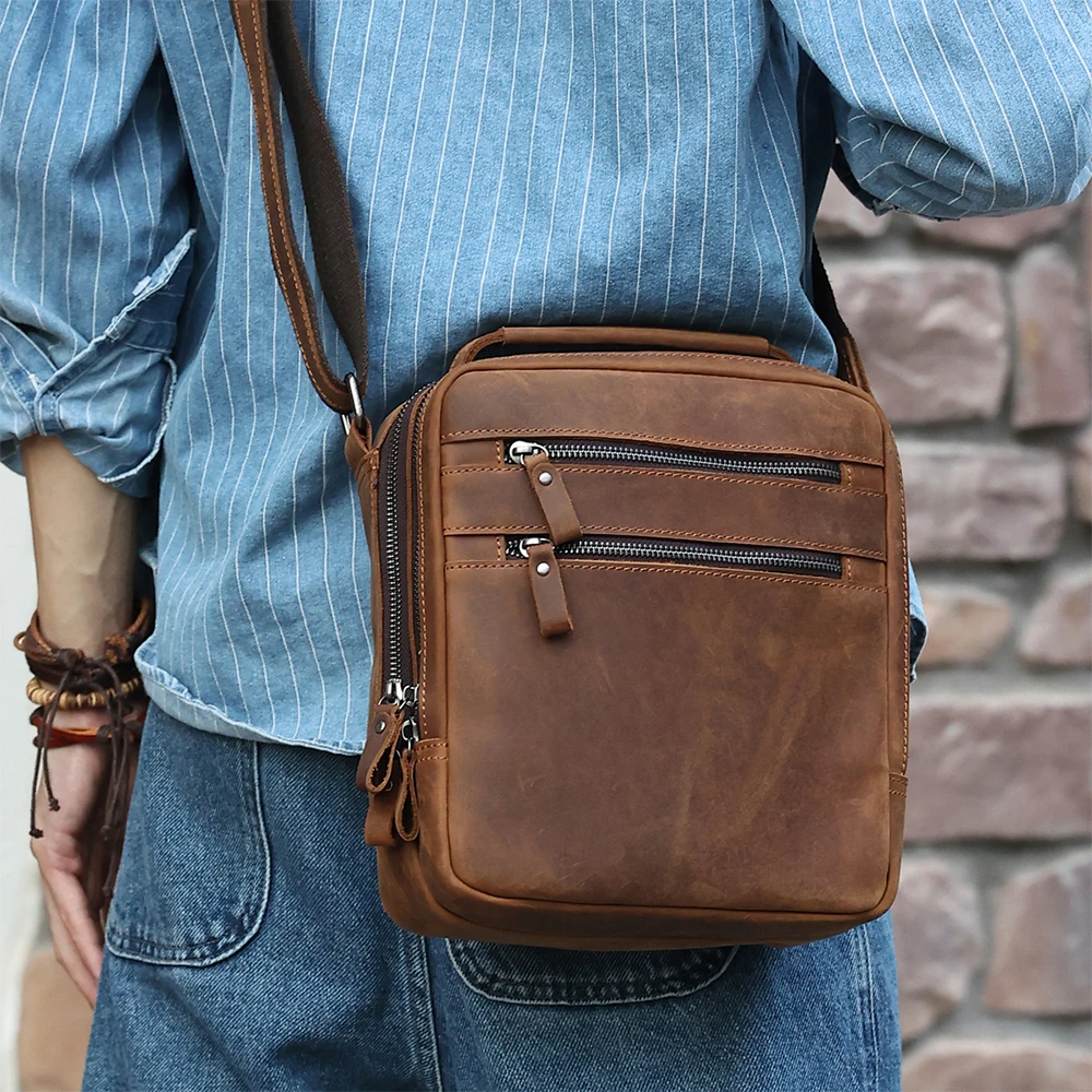 

Cross border New Crossbody Bag Men's Large Capacity Crazy Horse Leather Retro Bag Single Shoulder Bag Handbag For Mens