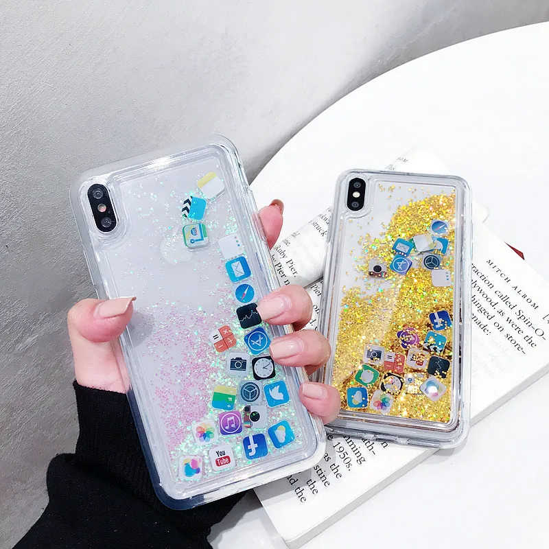 Luxury Creative Apps Icon Clear Phone Case Per Iphone13 12 11 14 Pro Max X Xr Funda Glitter Liquid Quicksand Cover Posteriore Brillant