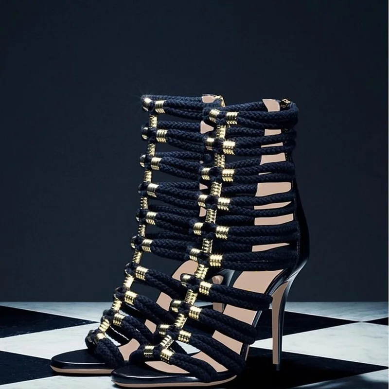 

Sexy Black Weave Braid Strappy Sandals Rome Style Black Leather Patchwork Shoes Open Toe Back Zipper Cage Shoes Thin Heels