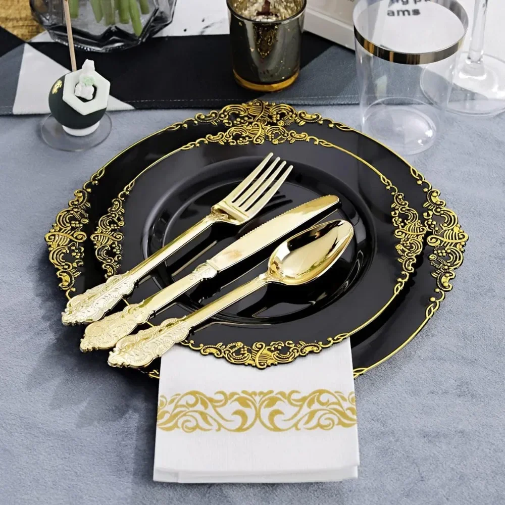 350 pieces of black and gold plastic plates with gold plastic silverware, disposable cutlery for weddings and parties