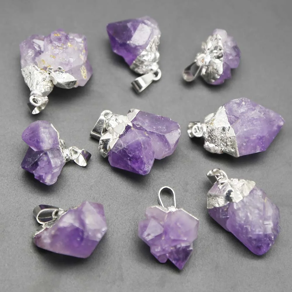 Natural Raw Ore Amethyst Irregular Electroplated Silver Necklace Pendant Charm Earrings Jewelry Gift Accessories Wholesale 12Pcs