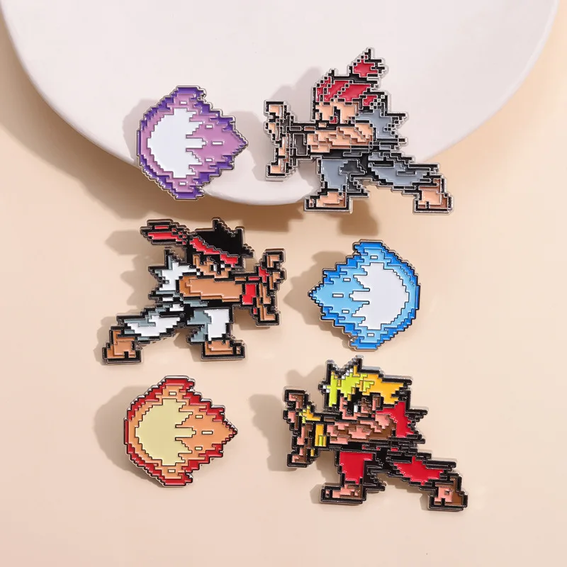 Cartoon Game Series Enamel Brooch Pins Shield Pixel Mask Shooting Sword Wave Electric Drill Elf Anime Badge Jewelry Friend Gift