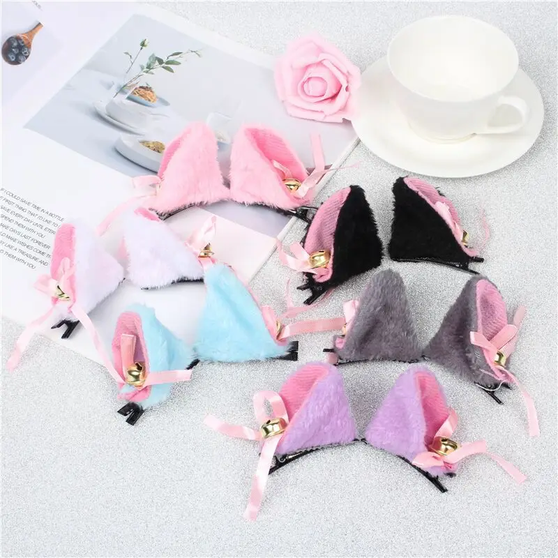 Cat Ears Bell Hair Clip Fox Long Fur Hairpins Headwear Cosplay Anime Costume Halloween Party Gifts Hair Accessories 2pcs anime hair accessories,anime ear clips