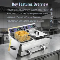 Friteuse Électrique Commerciale Podofo à Double Bac à Huile, Double Valve de Vidange, Minuteur, 3000W, 20L, en Acier Inoxydable, Double Cuve, Friteuse Submersible 2