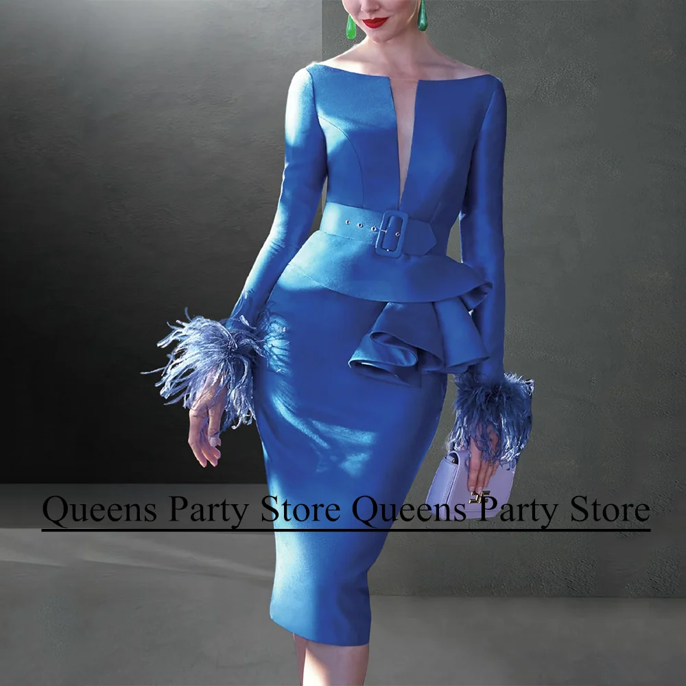 

Royal Blue Wedding Guest Dresses Feathers Long Sleeves Scoop Neck Mermaid Party Gown Knee Length Mother of The Bride Dresses