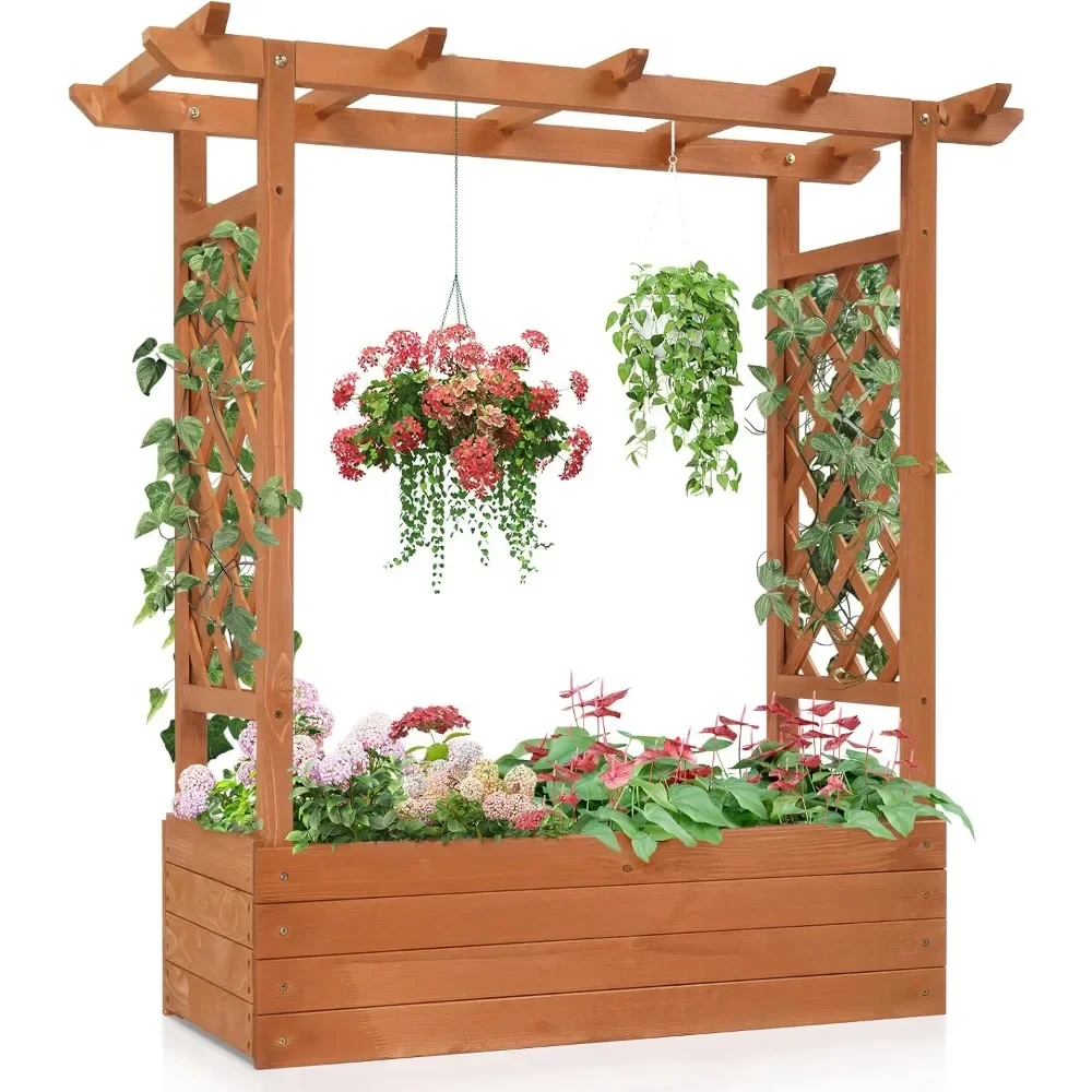 Wood Raised Garden Bed with Trellis 1