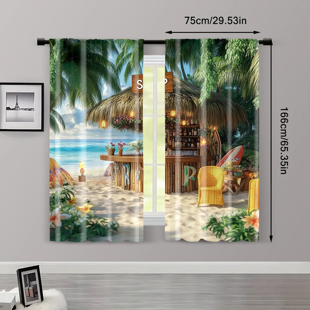 2pc,  Window Drapes Flower Beach Cottage Landscape Map Blackout  Polyester Birthday Party Applies to Seasonal Decorations 3
