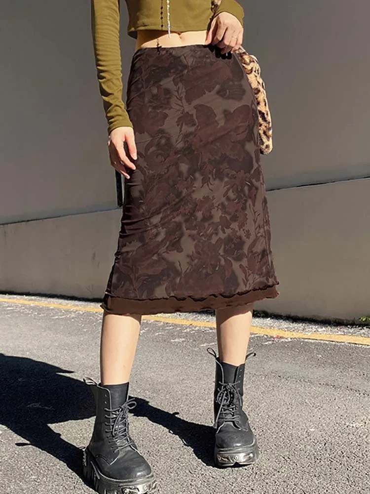

Vintage A Line Midi Skirts Women Gothic Grunge Aesthetic Summer Low Waist Skirt Female Summer Floral Print Skirt Harajuku
