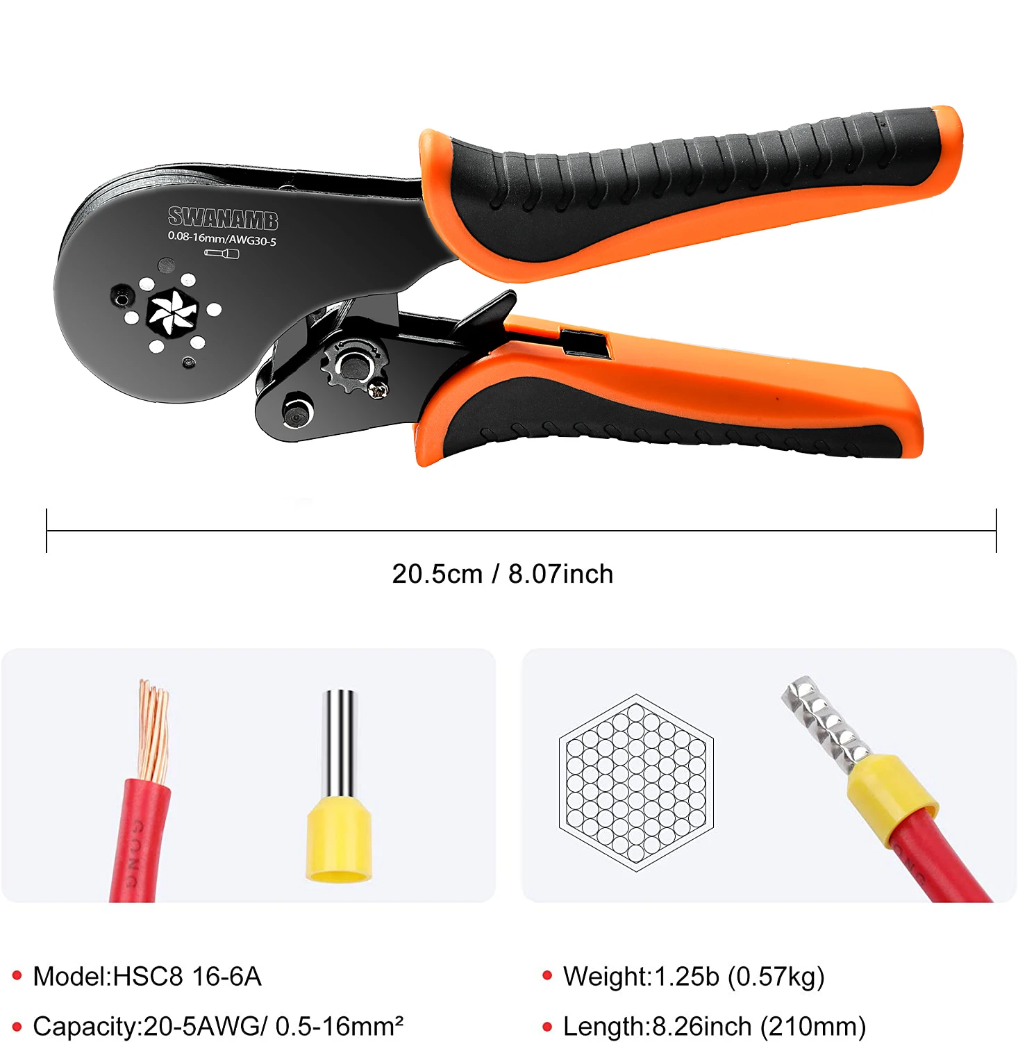 HSC8 16-6 압착 플라이어 키트, 와이어 페룰 슬리브, 관형 터미널 클램프 도구, 0.08-16 mm² 와이어 크림퍼, 가정용 전기 세트