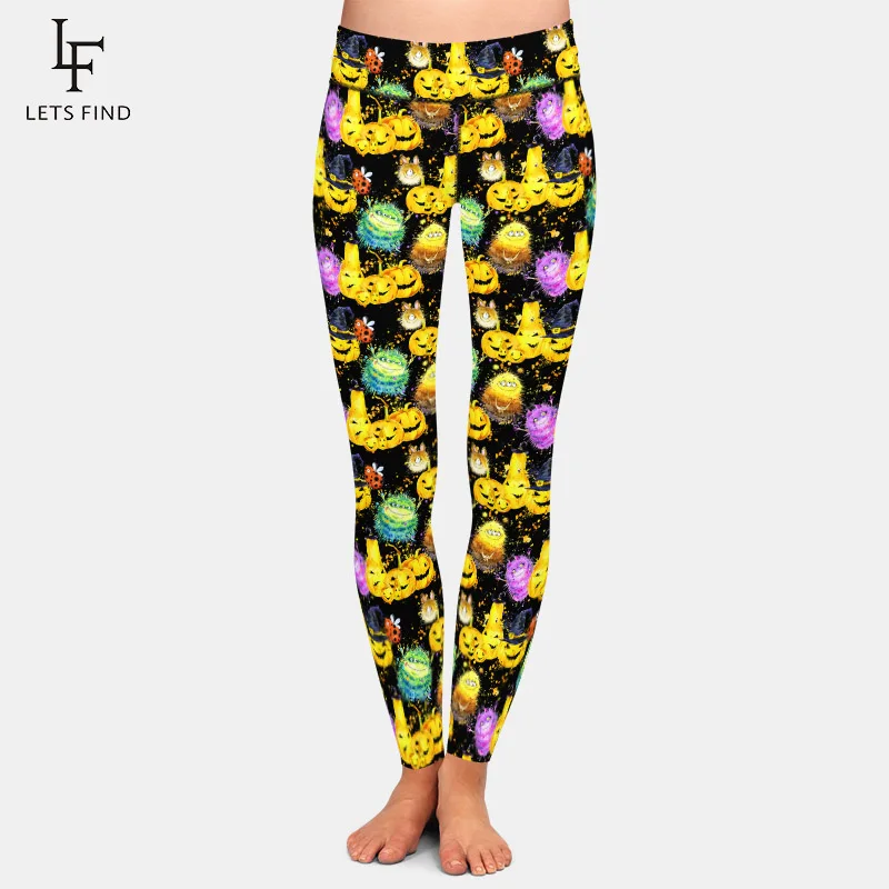 

LETSFIND New Halloween Watercolor Pumpkins and Cartoon Monster Print Women Leggings High Waist Soft Fitness Leggings