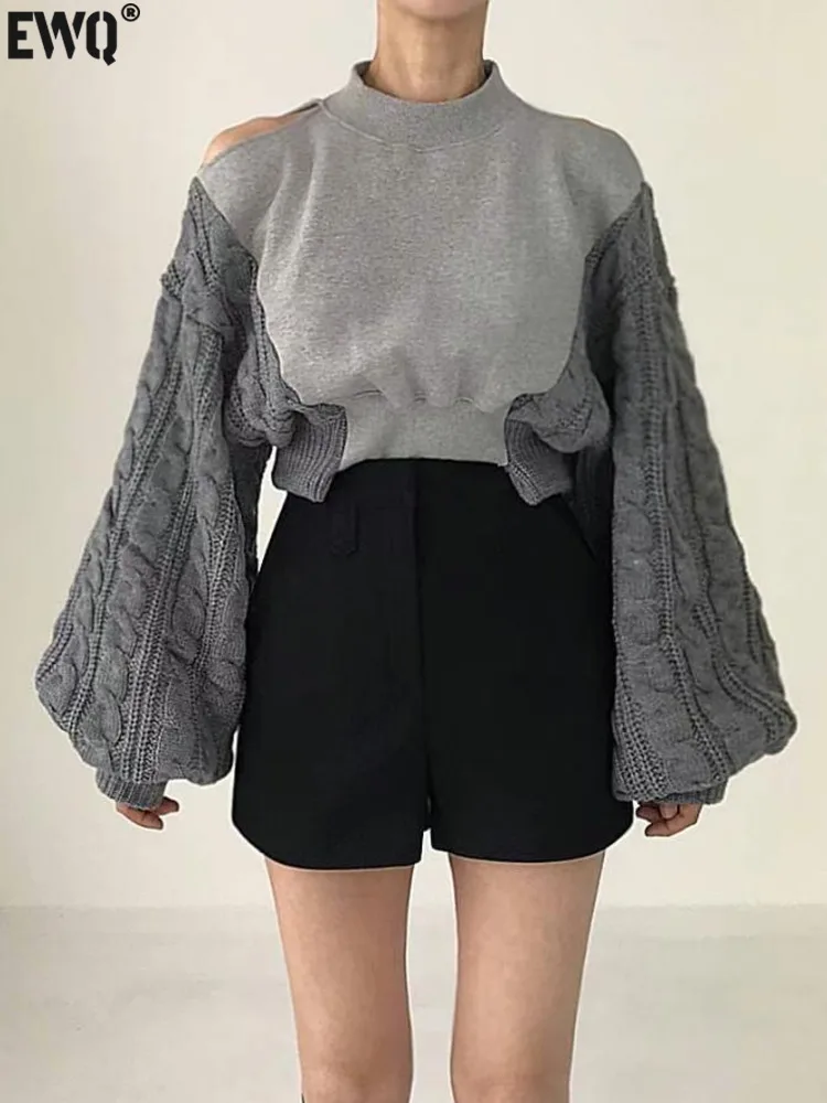 

[EWQ] Stand Collar Off Shoulder Patchwork All-match Knitted Long Sleeve Hoodie Woman Warm Sweatshirt 2023 Autumn Winter 16U5921