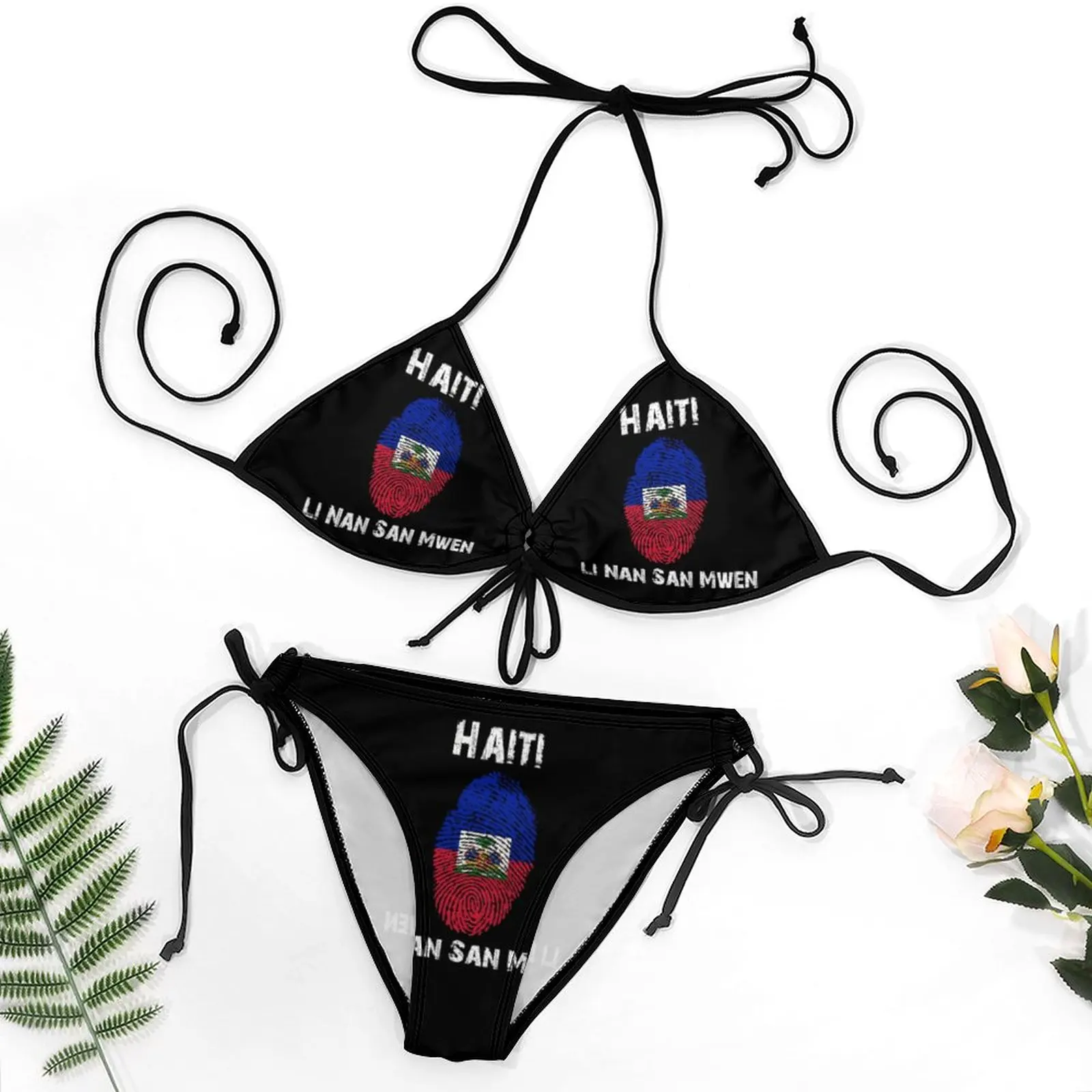

Exotic Women's Bikinis Haiti Li Nan San Mwen Fingerprint With Haitian Flag Bikini Graphic Vintage Swimming Top Quality Swimwea