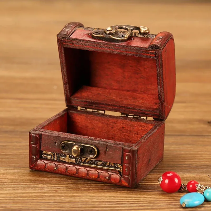 Vintage Jewelry Box Wood Handmade Box with Mini Metal Lock for