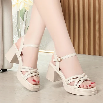 Thick-Soled High Heel Sandals For Women In Summer New Style Women's Shoes One-Linered Strap Fashionable Thick Heel Roman Sandals