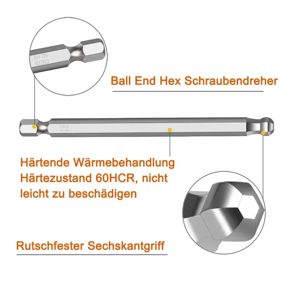 Ball End Hex Screwdriver Bits Set Metric Allen Hex 100mm Long Magnetic Ball Head Driver Bit H1.5 H2.5 H3 H4 H5 H6 H8 H10