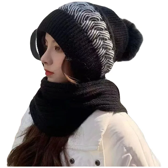 Woolen hat for women, versatile in autumn and winter, Korean version, trendy and warm knit hat with thick velvet and scarf, one- - 5