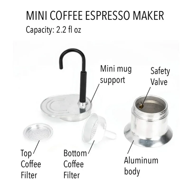 Hot 50ML Single Tube Moka Pot 1 Cup Aluminum Alloy Spout Stovetop Italian Moka Coffee Maker for Outdoor Parties Travel