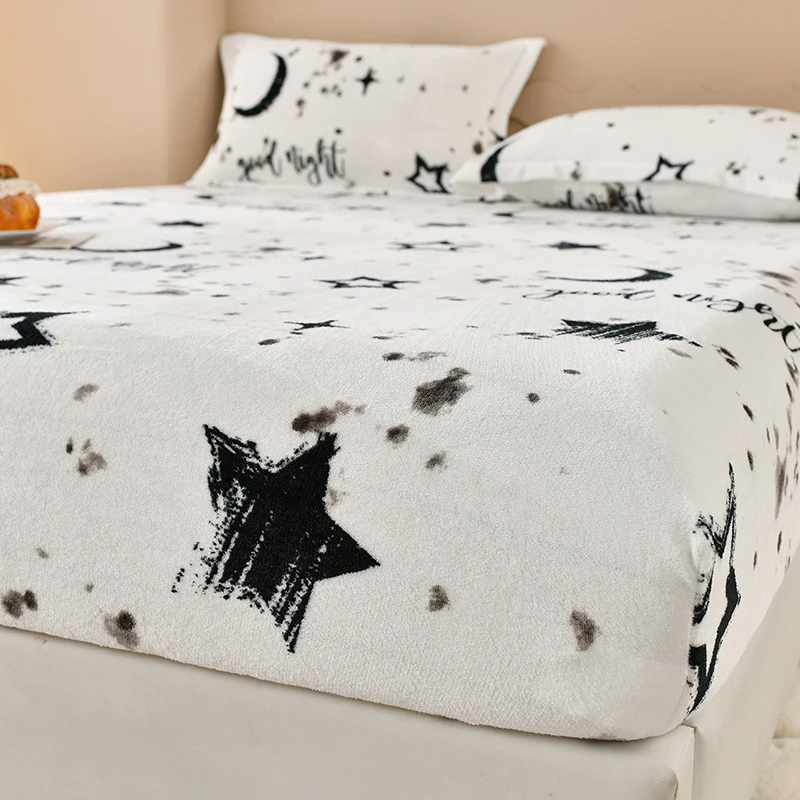 Winter Warm Fitted Sheet Stars Pinted Flannel Fleece Bed Sheet for Double Bed Queen/King Size All-inclusive Mattress Cover180 3