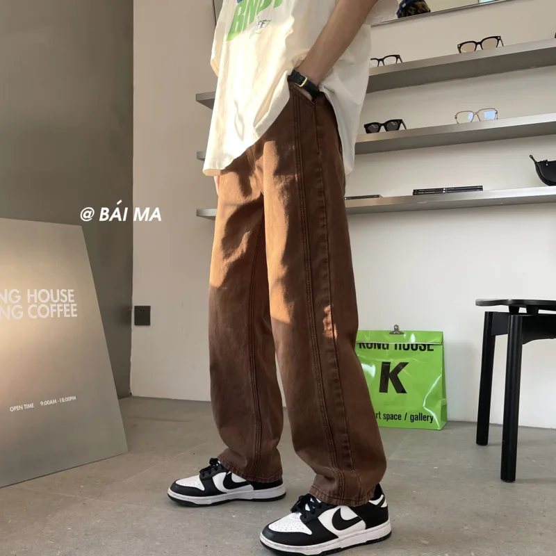 Hole Brown Jeans Men Fashion Retro 