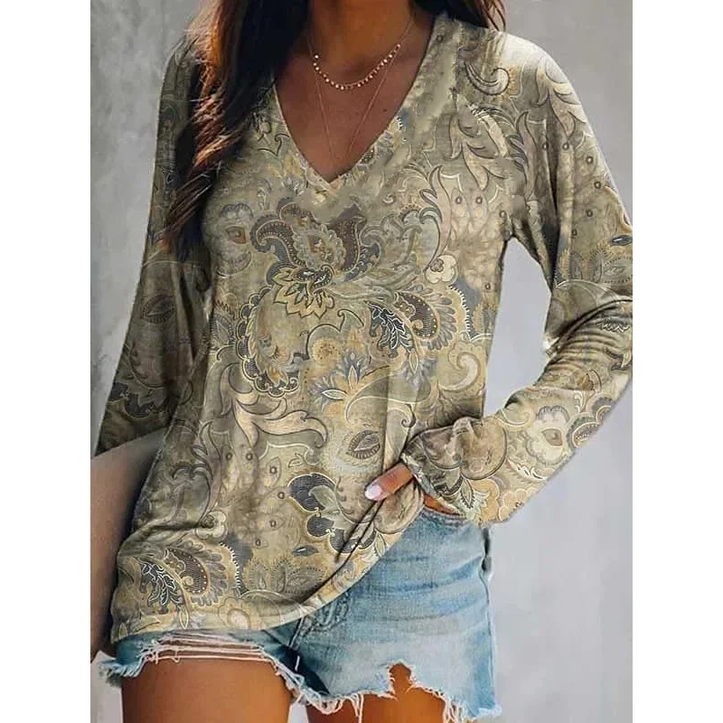 

Women's T Shirt Abstract Pattern Painting Graphic Print Sports Streetwear Casual Loose V Neck Long Sleeve Ladies Essential S-5XL